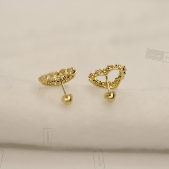 14K Solid Gold Heart Stud Earrings With Zirconia • Fine Jewelry. - Picture 5 of 6